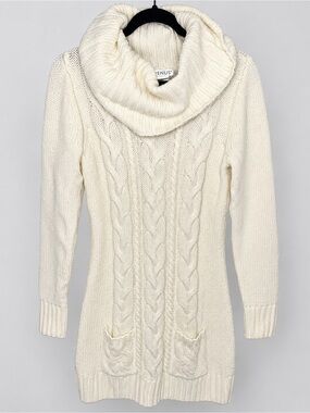 VENUS Ivory Cable Knit Cowl Neck Sweater Dress Size Medium Long Sleeve Pockets